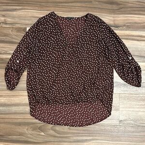 Stitch Fix West Kei Women’s Small Rolltab High Low Blouse Brown Cream Dots